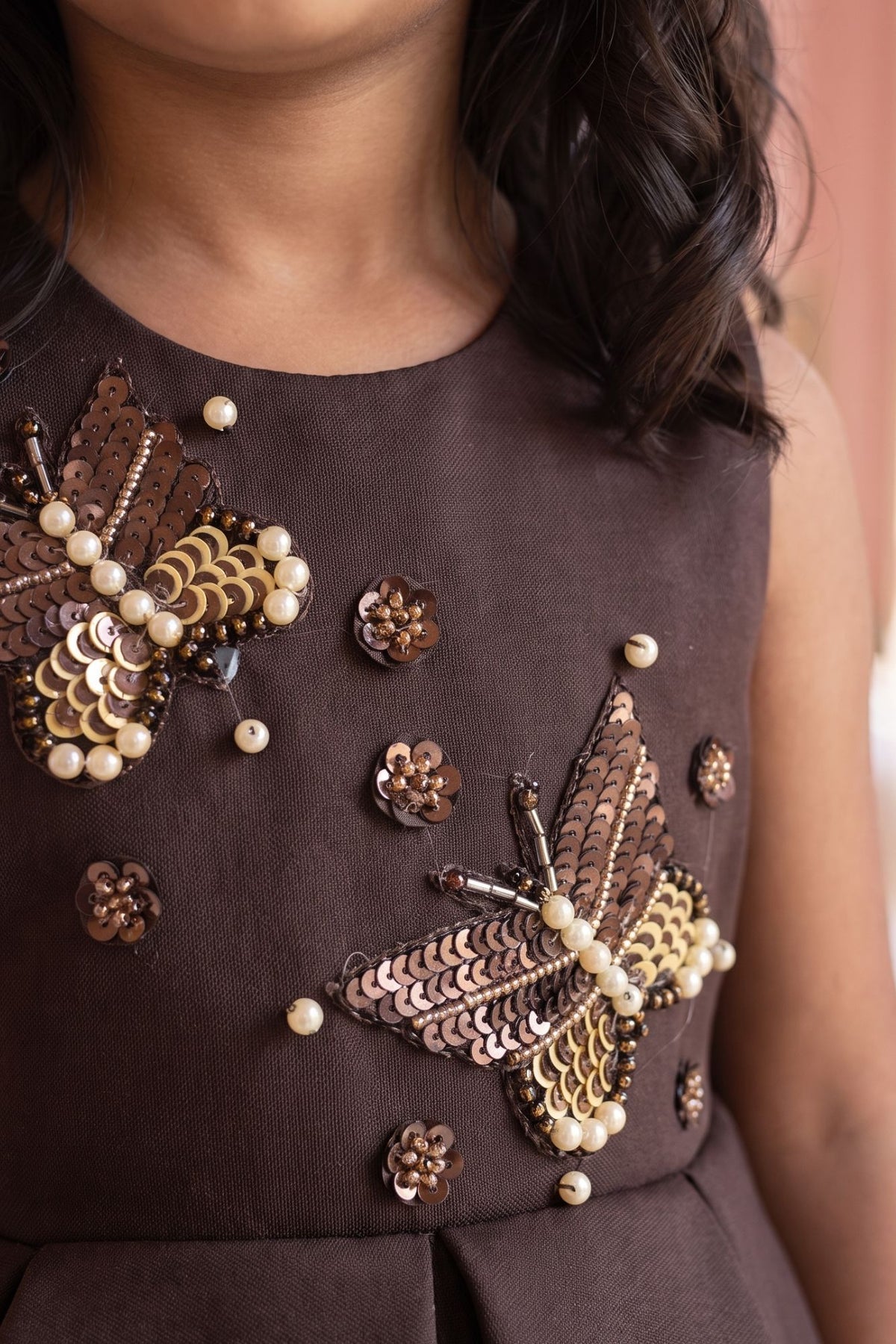 Girls Chocolate Brown Butterfly Embellished High-Low Party Wear Frock