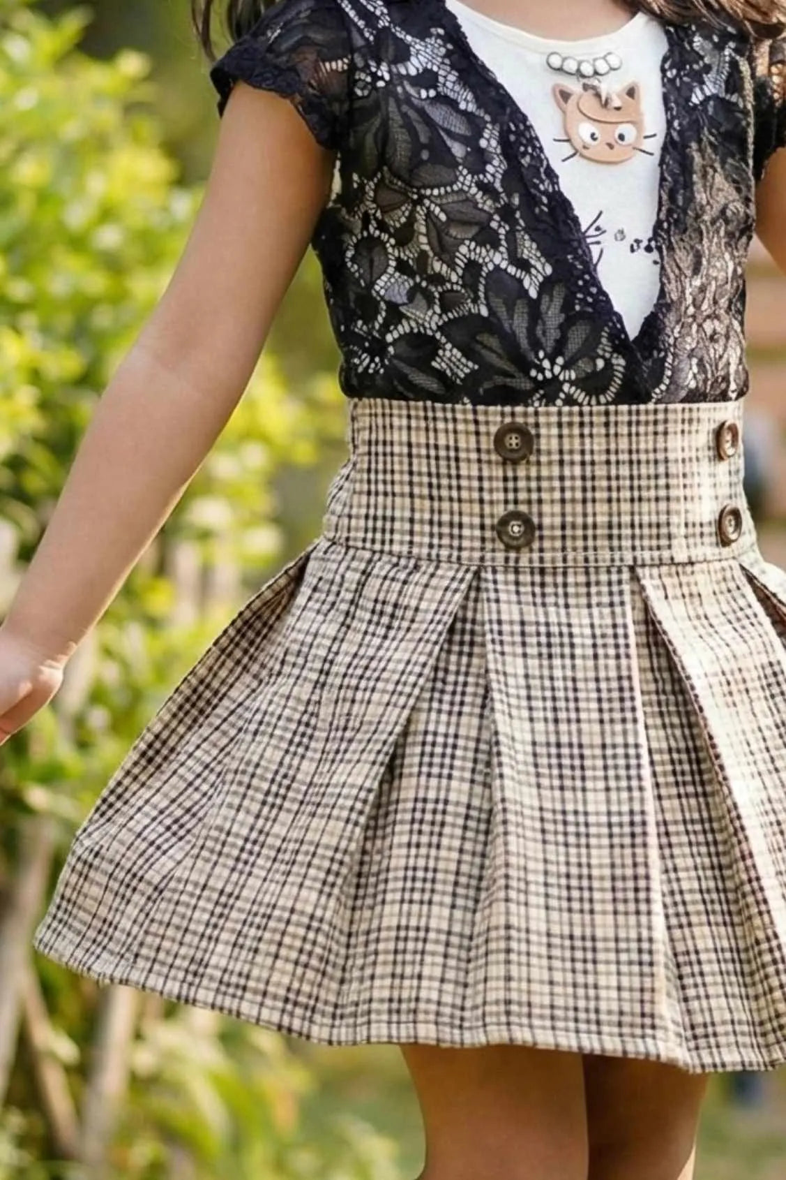 Lace Top With Checkered Skirt Set For Girls