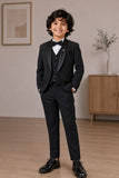 Boys Black Embellished Coat Suit With Waistcoat And Bow