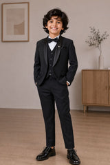 Boys Black Embellished Coat Suit With Waistcoat And Bow