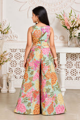 Girls Elegant Aqua Green Multicolor Floral Printed With Mirror Work Embroidered Palazzo Set