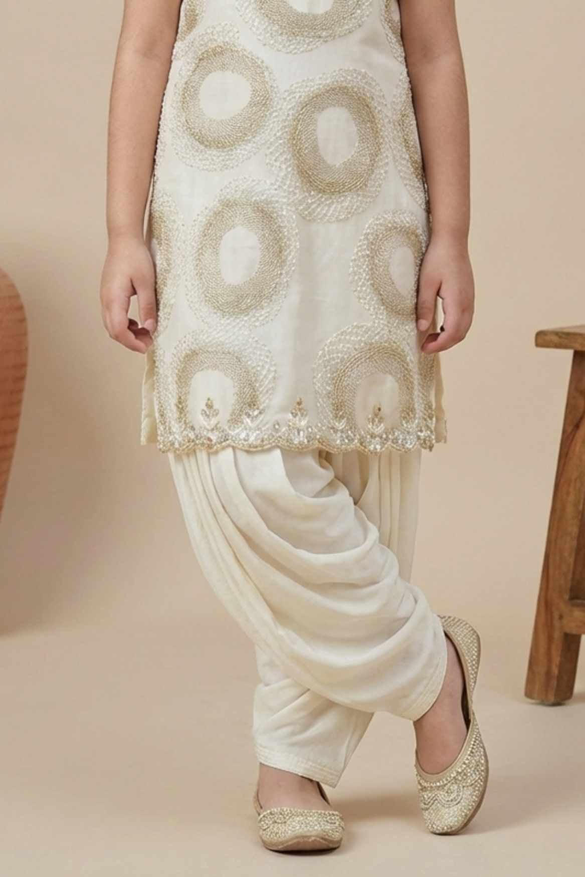 Ivory Gold Textured Kurti with Cream Patiala Set For Girls