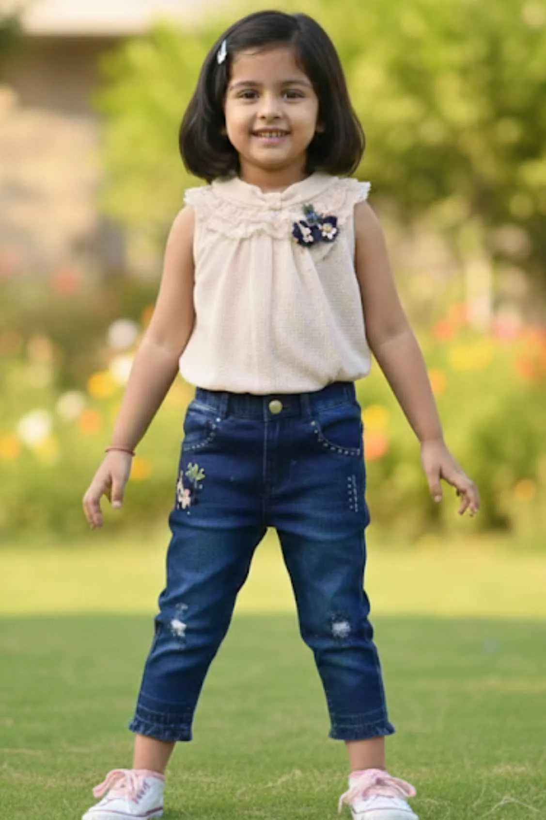 Cream Lace Top And Denim Pant Set For Girls