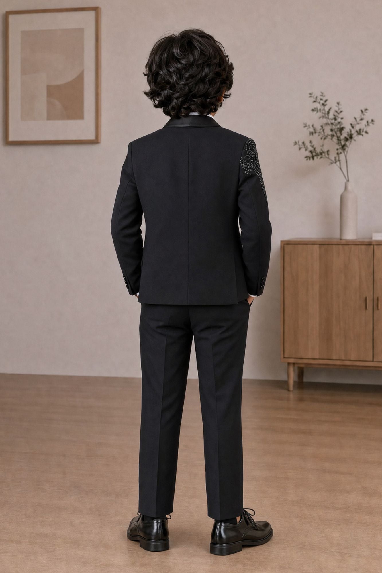 Boys Black Embellished Coat Suit With Waistcoat And Bow
