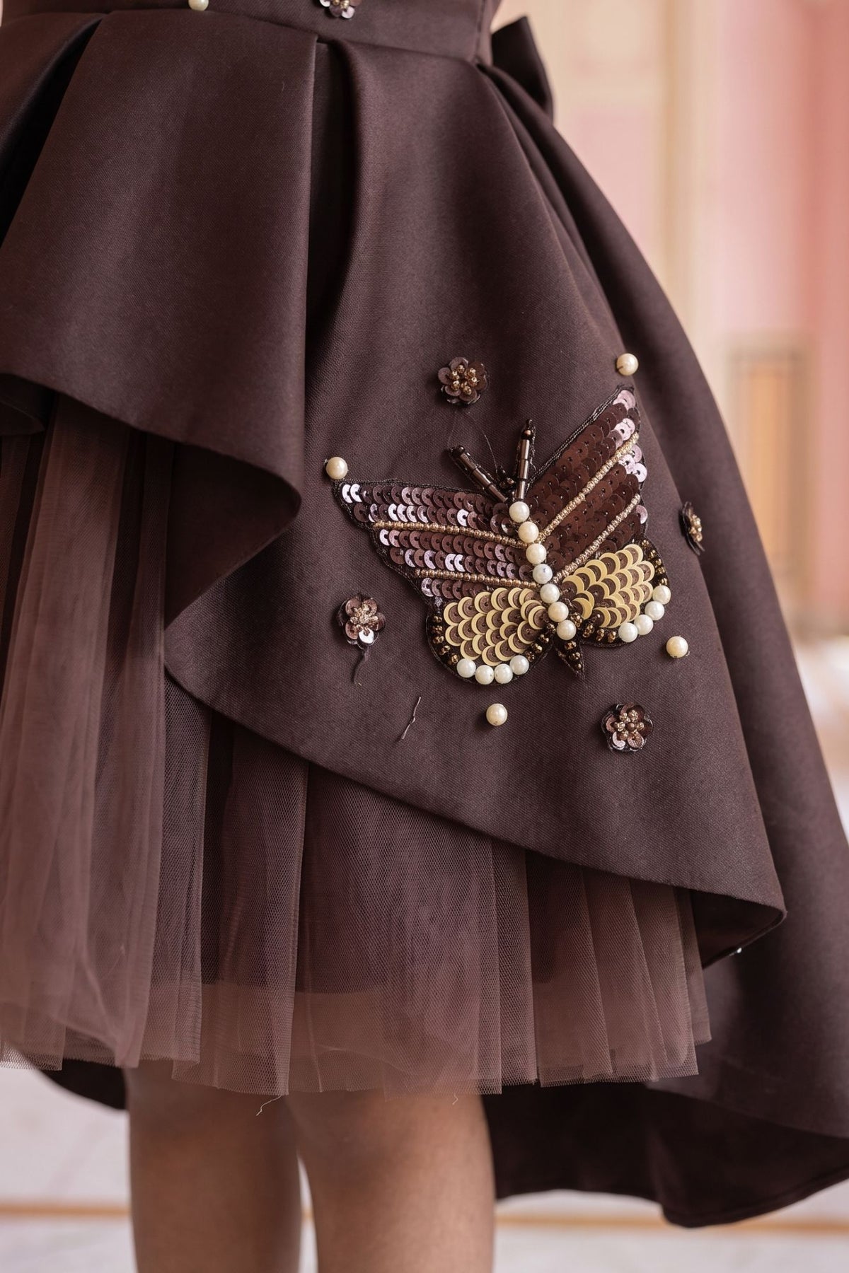 Girls Chocolate Brown Butterfly Embellished High-Low Party Wear Frock