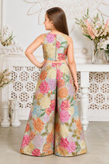 Girls Elegant Grey Multicolor Floral Printed With Mirror Work Embroidered Palazzo Set