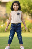 Cream Lace Top And Denim Pant Set For Girls
