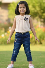 Cream Lace Top And Denim Pant Set For Girls