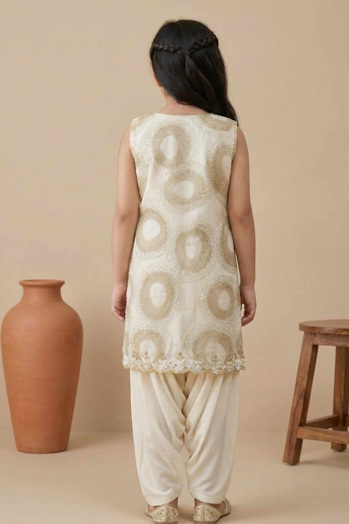 Ivory Gold Textured Kurti with Cream Patiala Set For Girls