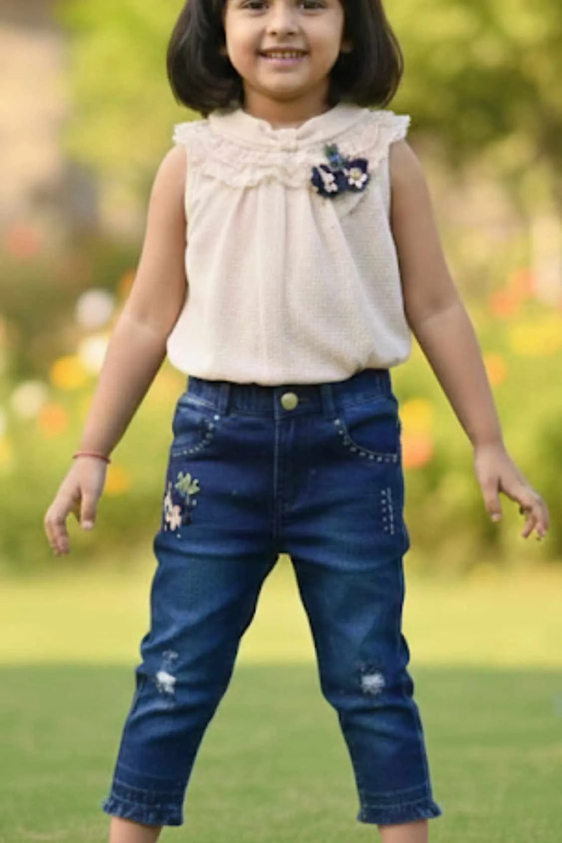 Cream Lace Top And Denim Pant Set For Girls