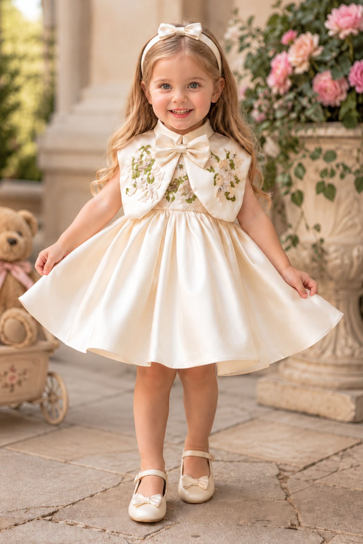 Girls Cream Floral Embroidered Cap Style Party Wear Frock