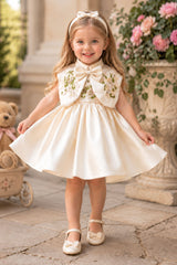 Girls Cream Floral Embroidered Cap Style Party Wear Frock