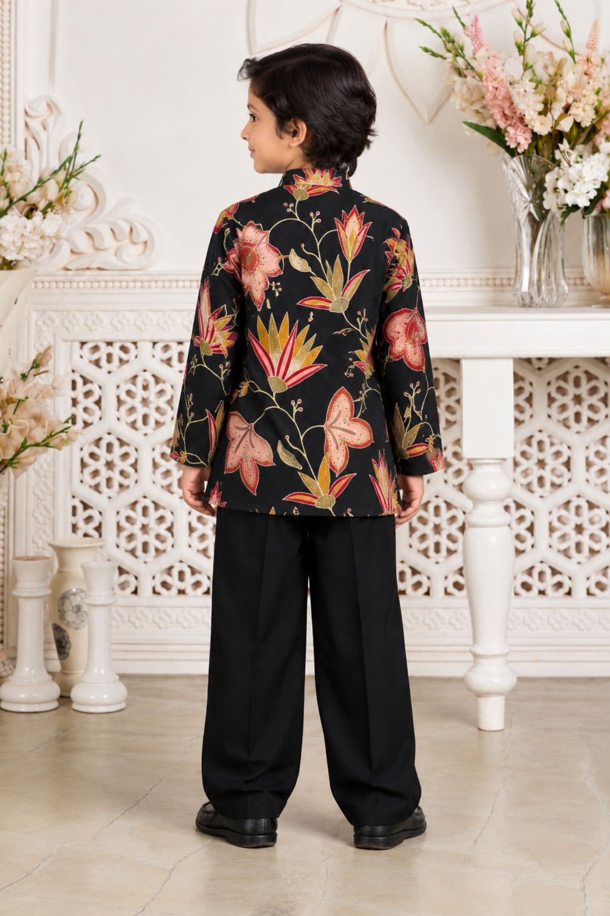 Stylish Boys Black Multicolor Floral Printed Kurta Pant Set for Wedding And Festive Wear