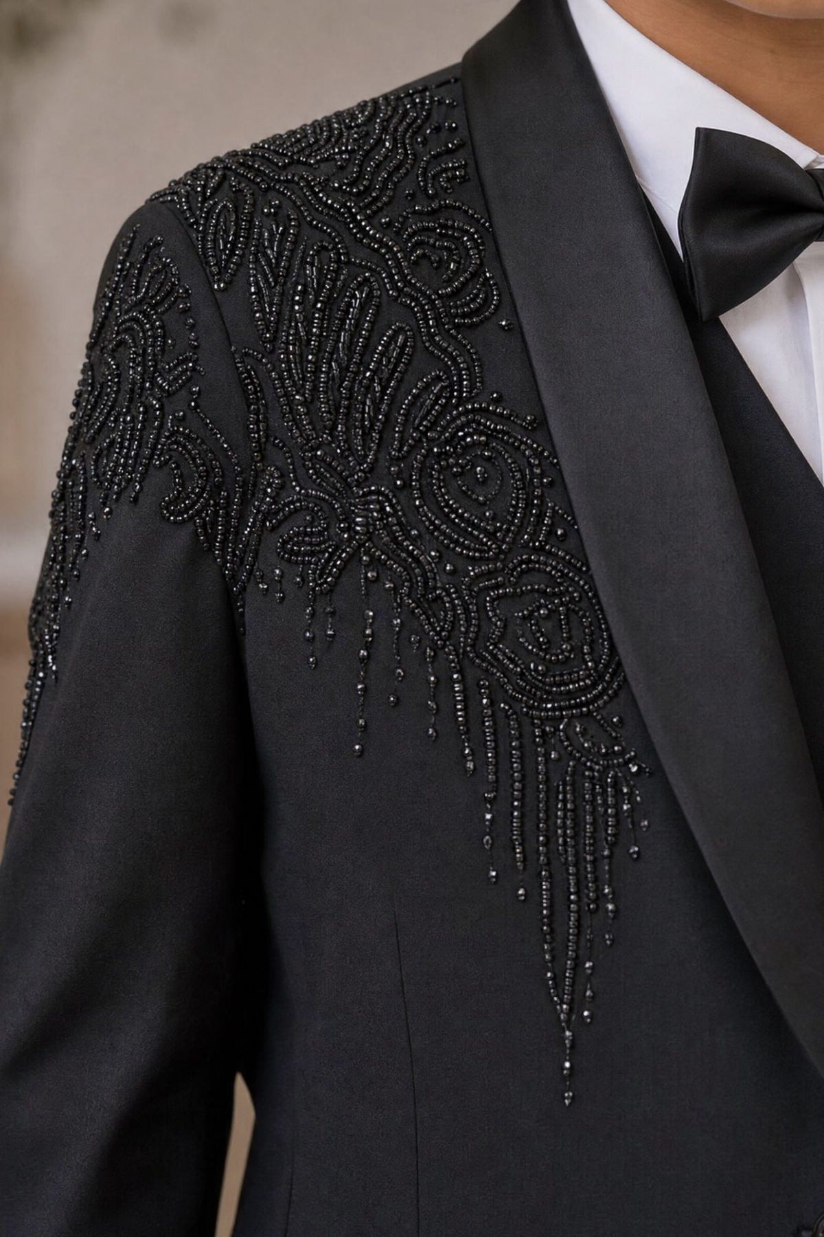 Boys Black Embellished Coat Suit With Waistcoat And Bow