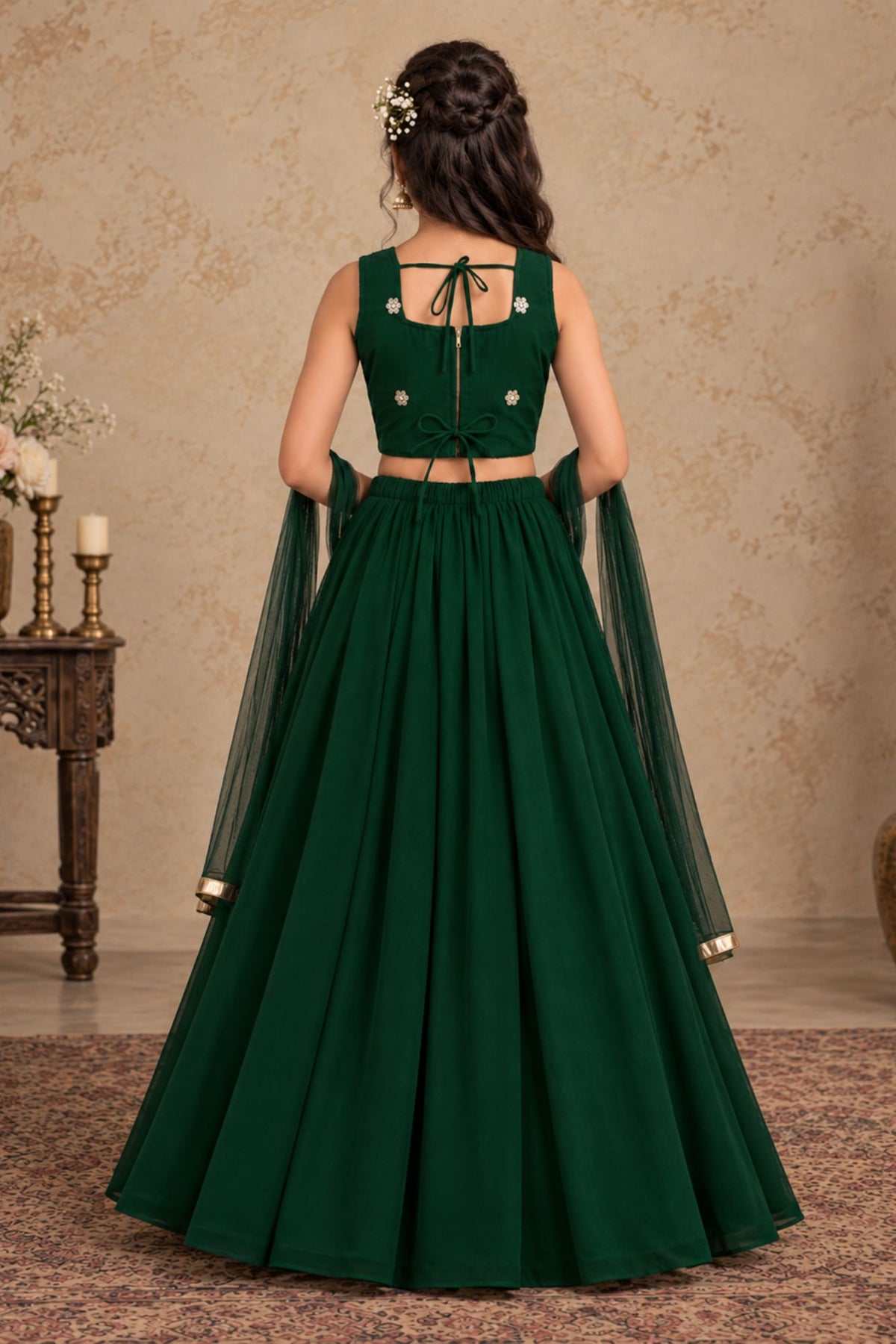 Girls Emerald Green Floral Zari Embroidered Lehenga Choli Set With Dupatta