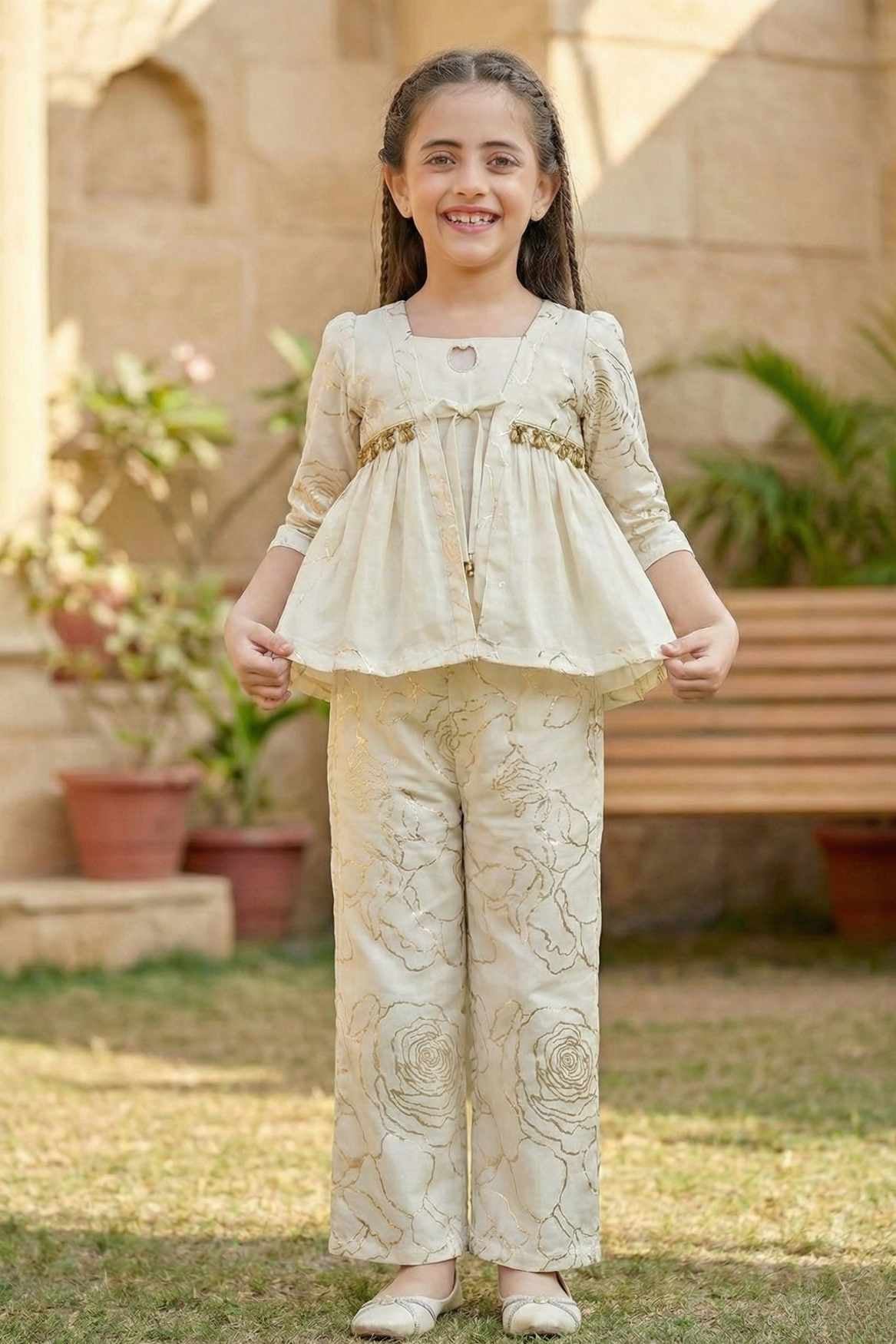 Cream Co ord Set with Floral Embroidery and Peplum Top For Girls