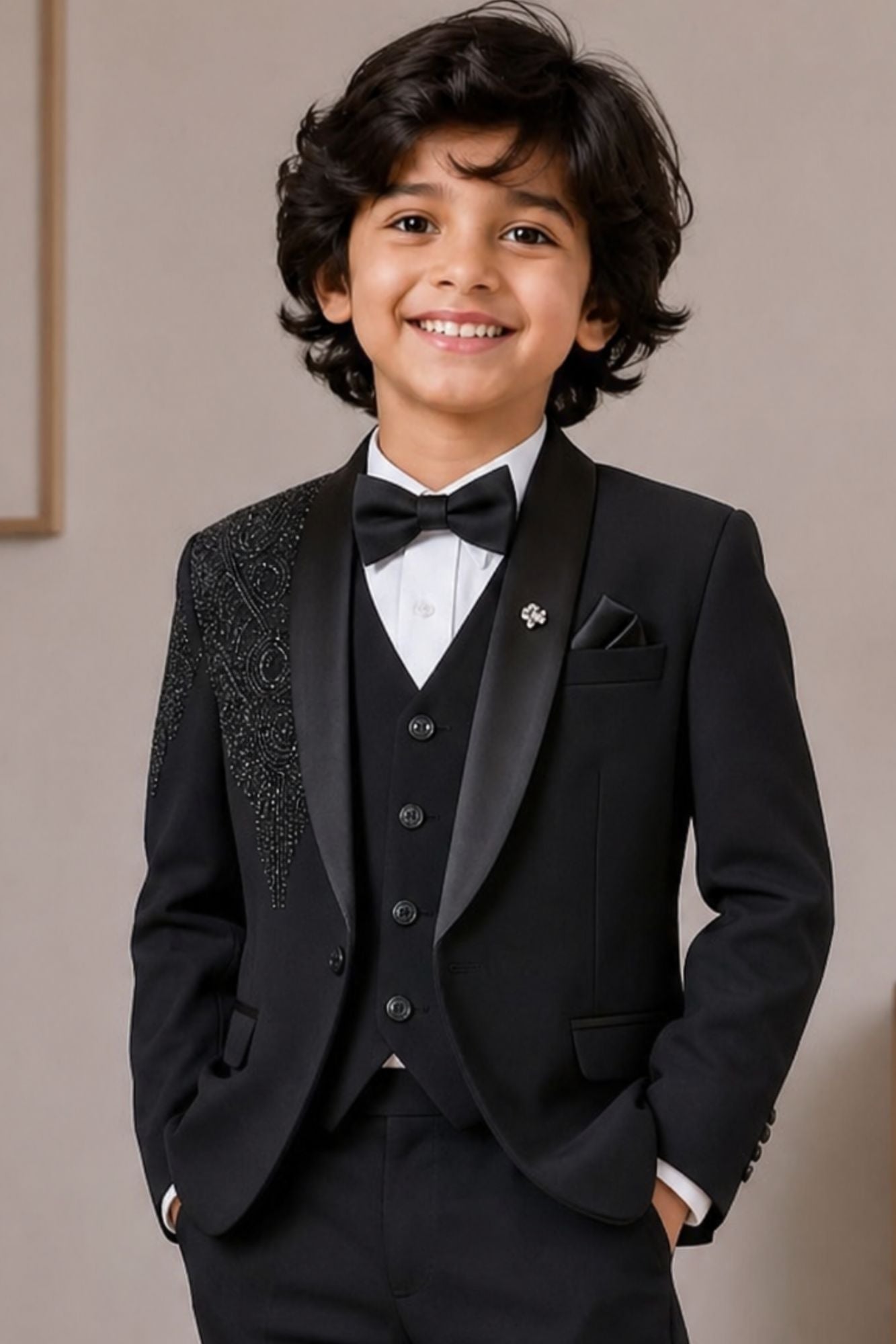 Boys Black Embellished Coat Suit With Waistcoat And Bow