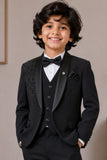 Boys Black Embellished Coat Suit With Waistcoat And Bow