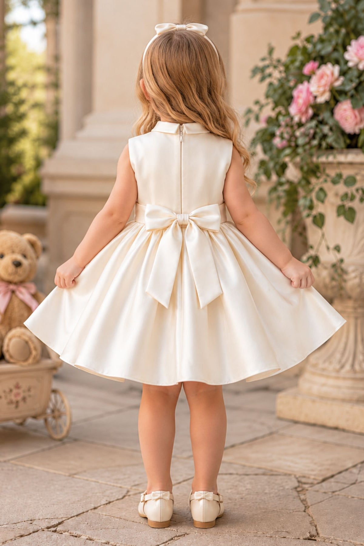 Girls Cream Floral Embroidered Cap Style Party Wear Frock