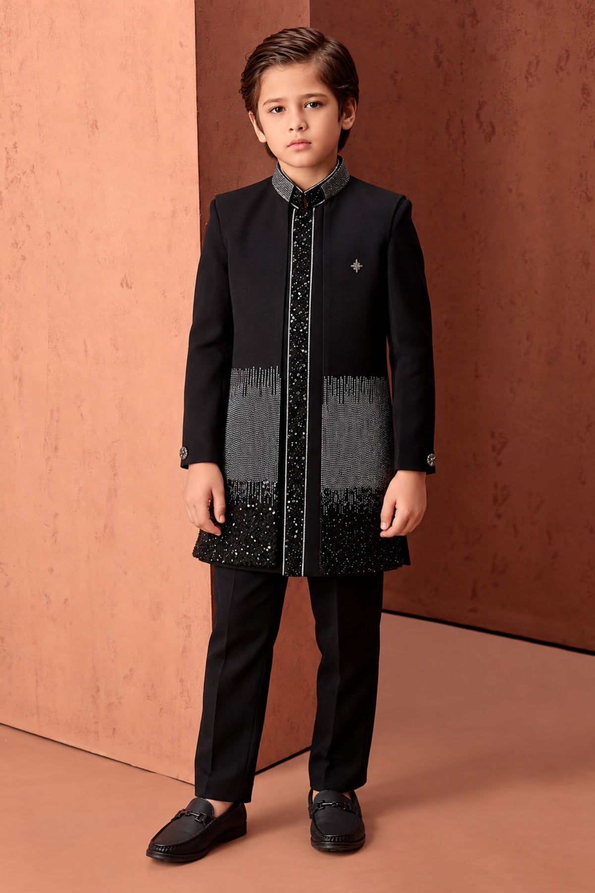 Boys Shimmering Black Sequin Embroidered Sherwani Set