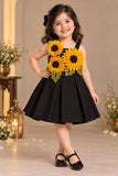 Black Sunflower Applique Party Wear Frock with Pleated Skirt For Girls