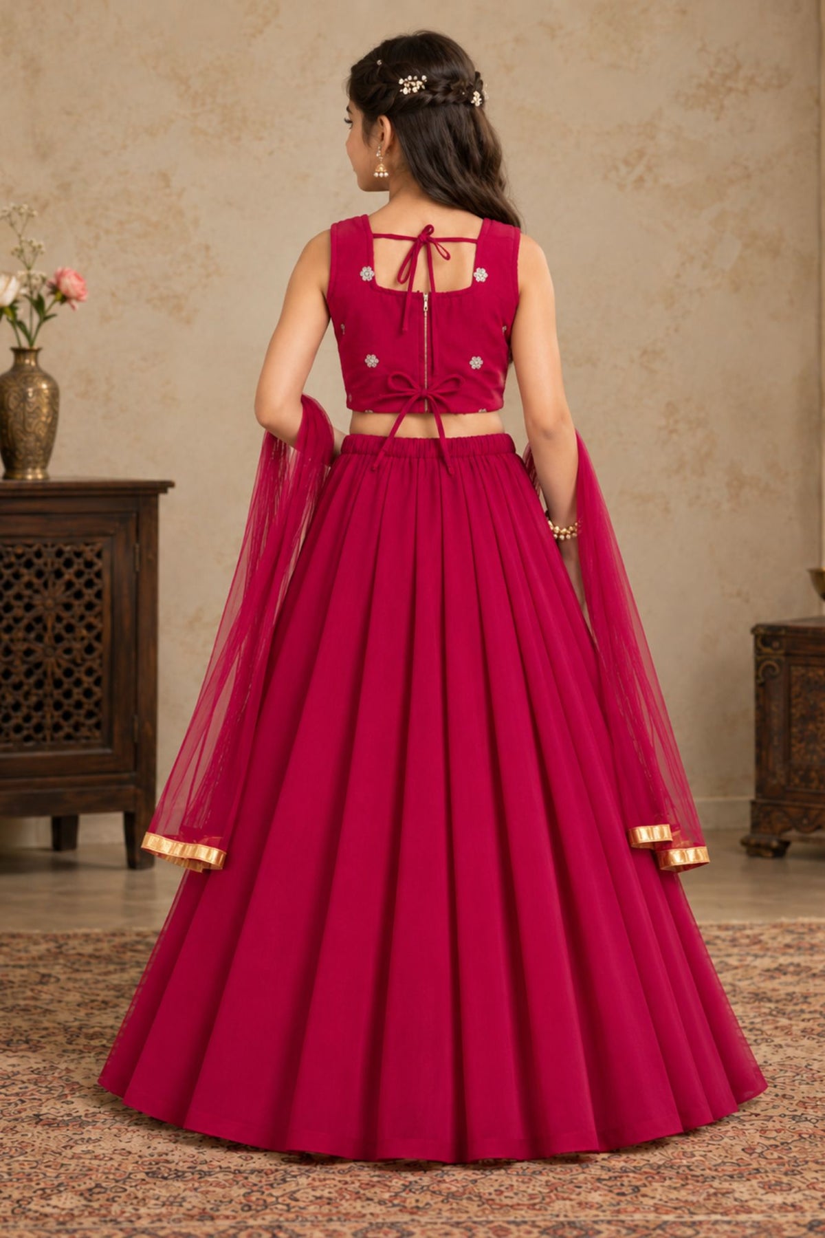 Girls Rani Pink Floral Zari Embroidered Lehenga Choli Set With Dupatta