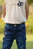 Cream Lace Top And Denim Pant Set For Girls