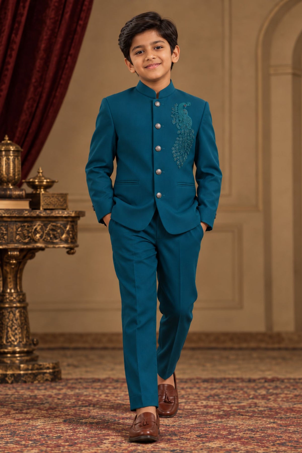 Classic Teal Green Jodhpuri Suit Set For Boys