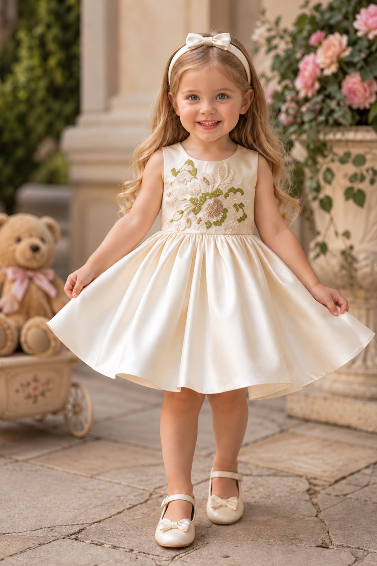 Girls Cream Floral Embroidered Cap Style Party Wear Frock