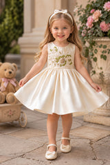 Girls Cream Floral Embroidered Cap Style Party Wear Frock