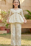 Cream Co ord Set with Floral Embroidery and Peplum Top For Girls