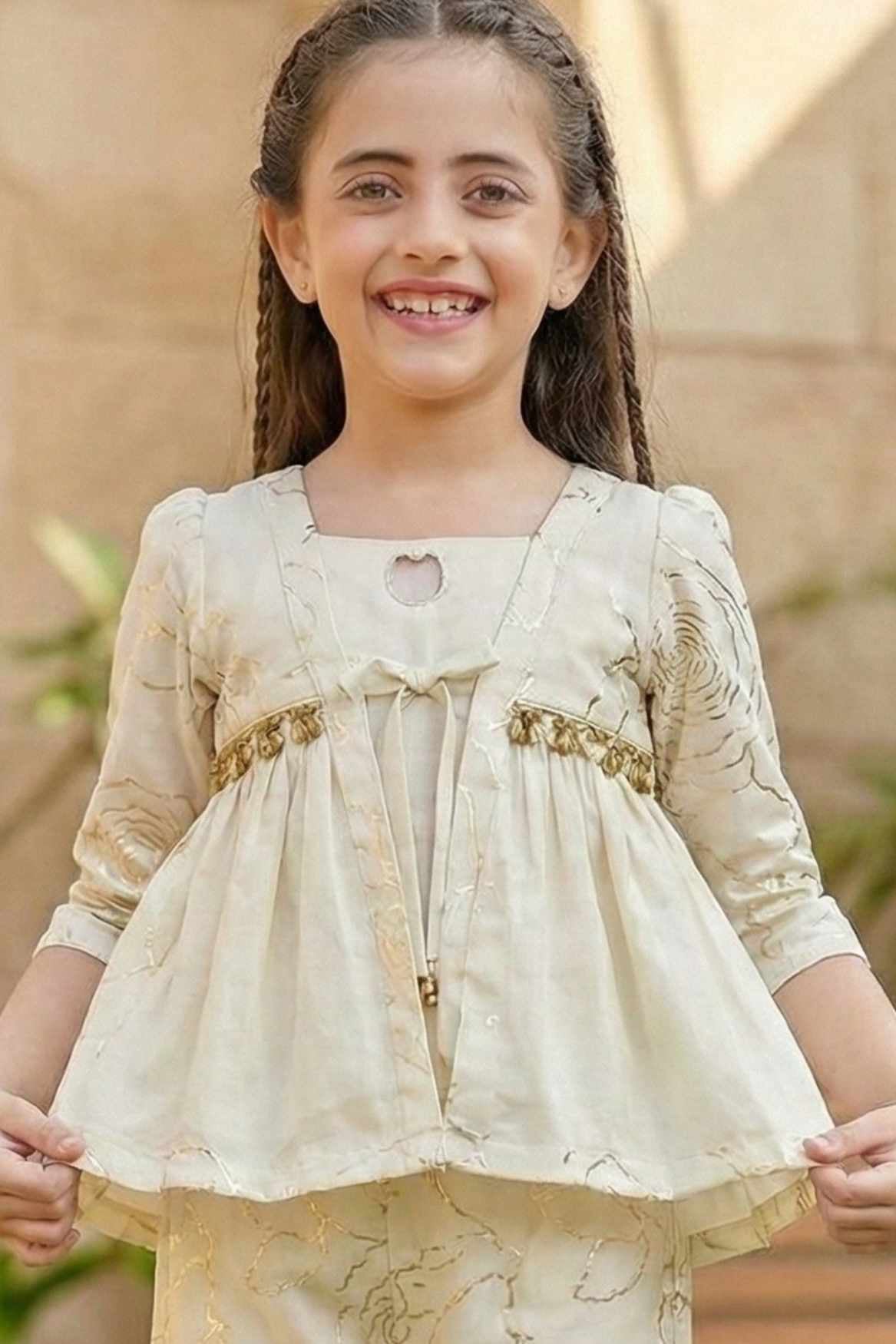 Cream Co ord Set with Floral Embroidery and Peplum Top For Girls