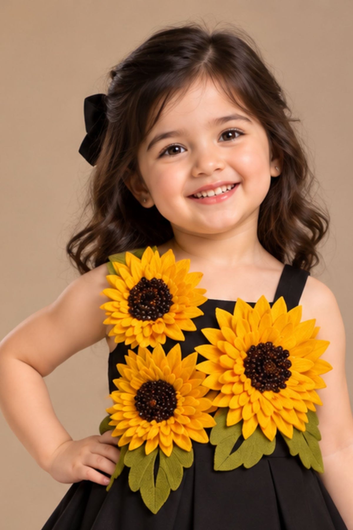Black Sunflower Applique Party Wear Frock with Pleated Skirt For Girls