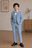Boys Sky Blue Embellished Coat Suit With Waistcoat And Bow Tie
