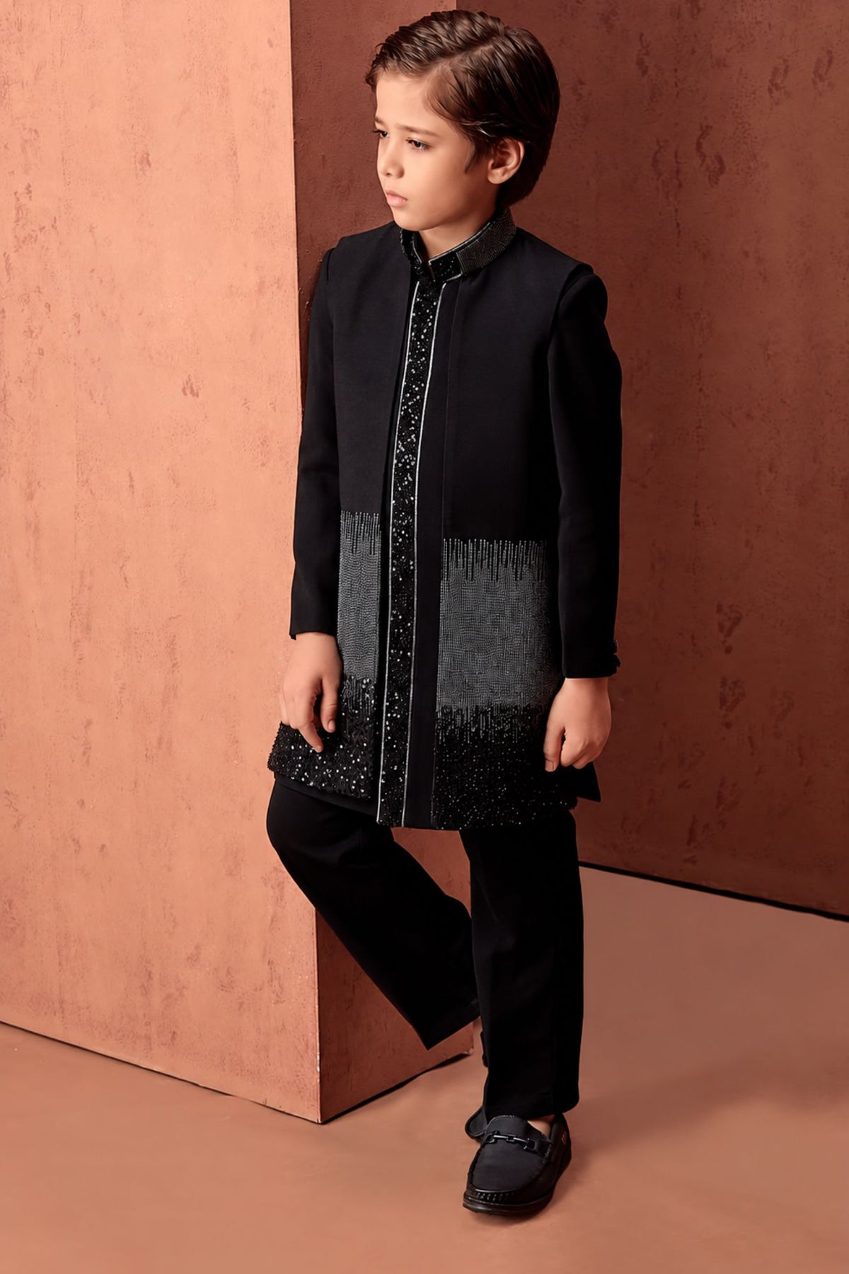 Boys Shimmering Black Sequin Embroidered Sherwani Set