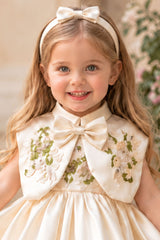 Girls Cream Floral Embroidered Cap Style Party Wear Frock