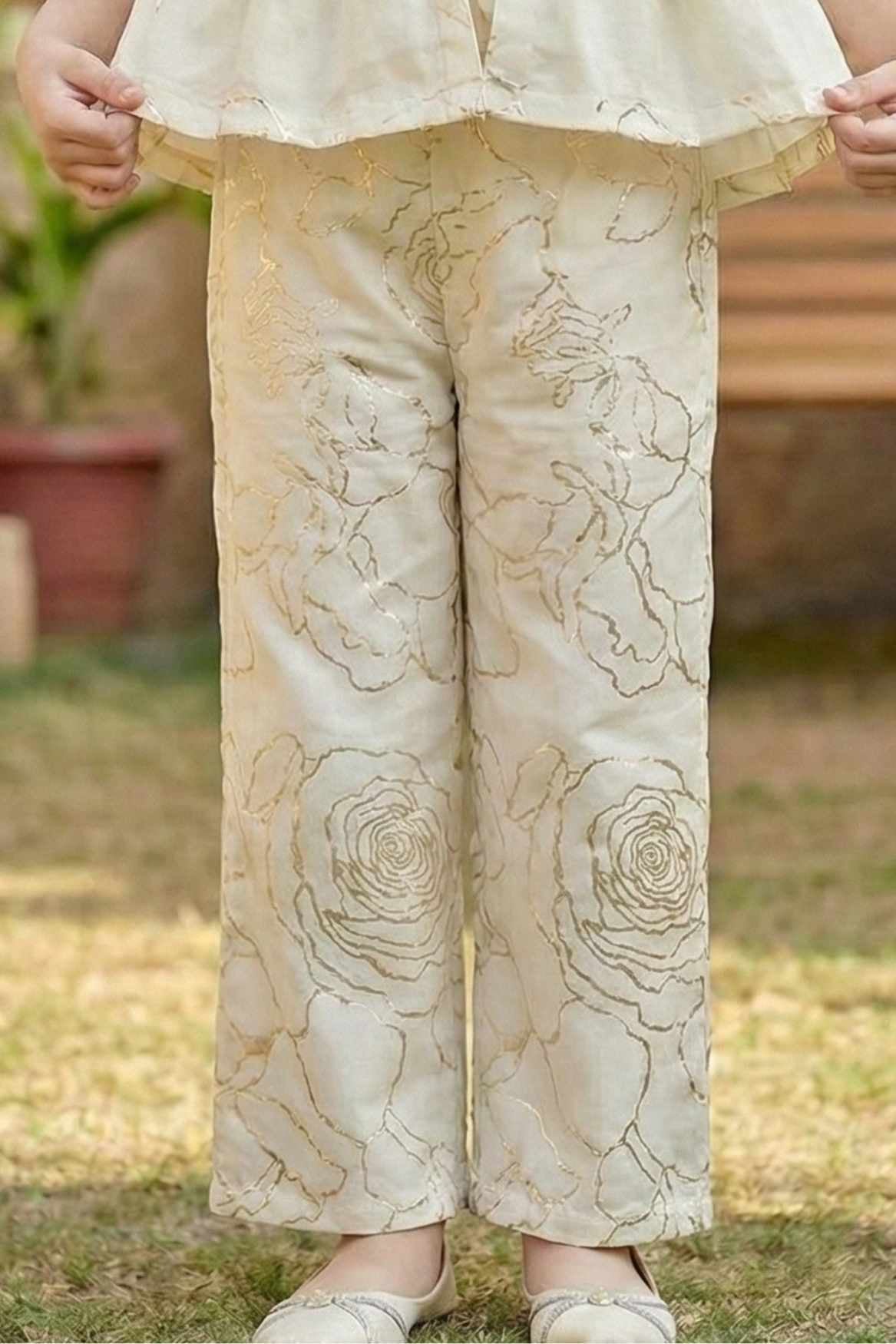 Cream Co ord Set with Floral Embroidery and Peplum Top For Girls