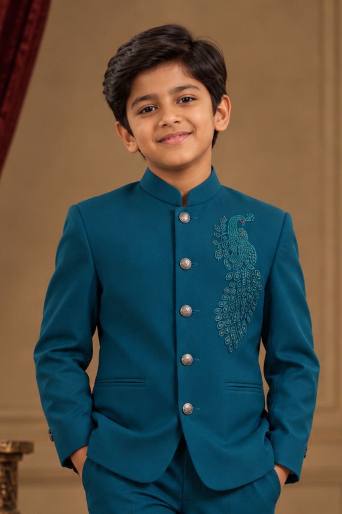 Classic Teal Green Jodhpuri Suit Set For Boys