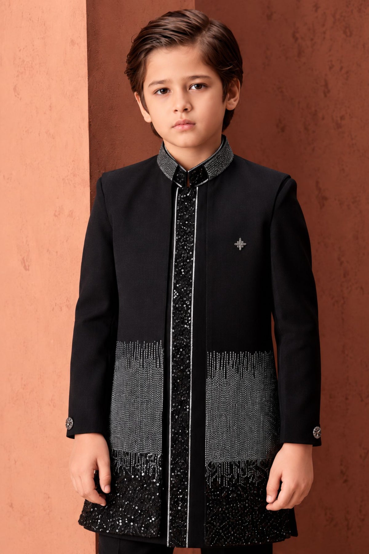 Boys Shimmering Black Sequin Embroidered Sherwani Set