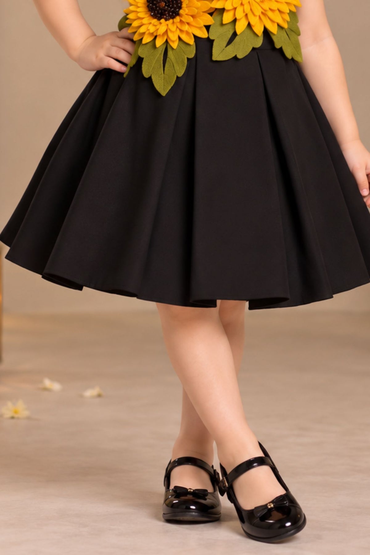 Black Sunflower Applique Party Wear Frock with Pleated Skirt For Girls