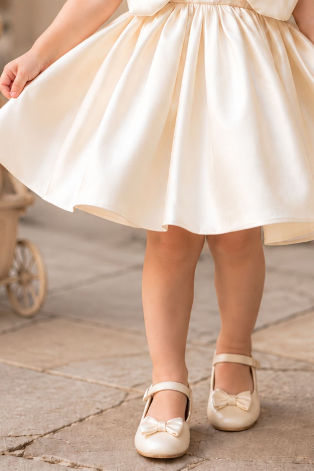 Girls Cream Floral Embroidered Cap Style Party Wear Frock