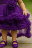 Purple High-Low Party Frock with Floral Embellished & Ruffle Layers For Girls