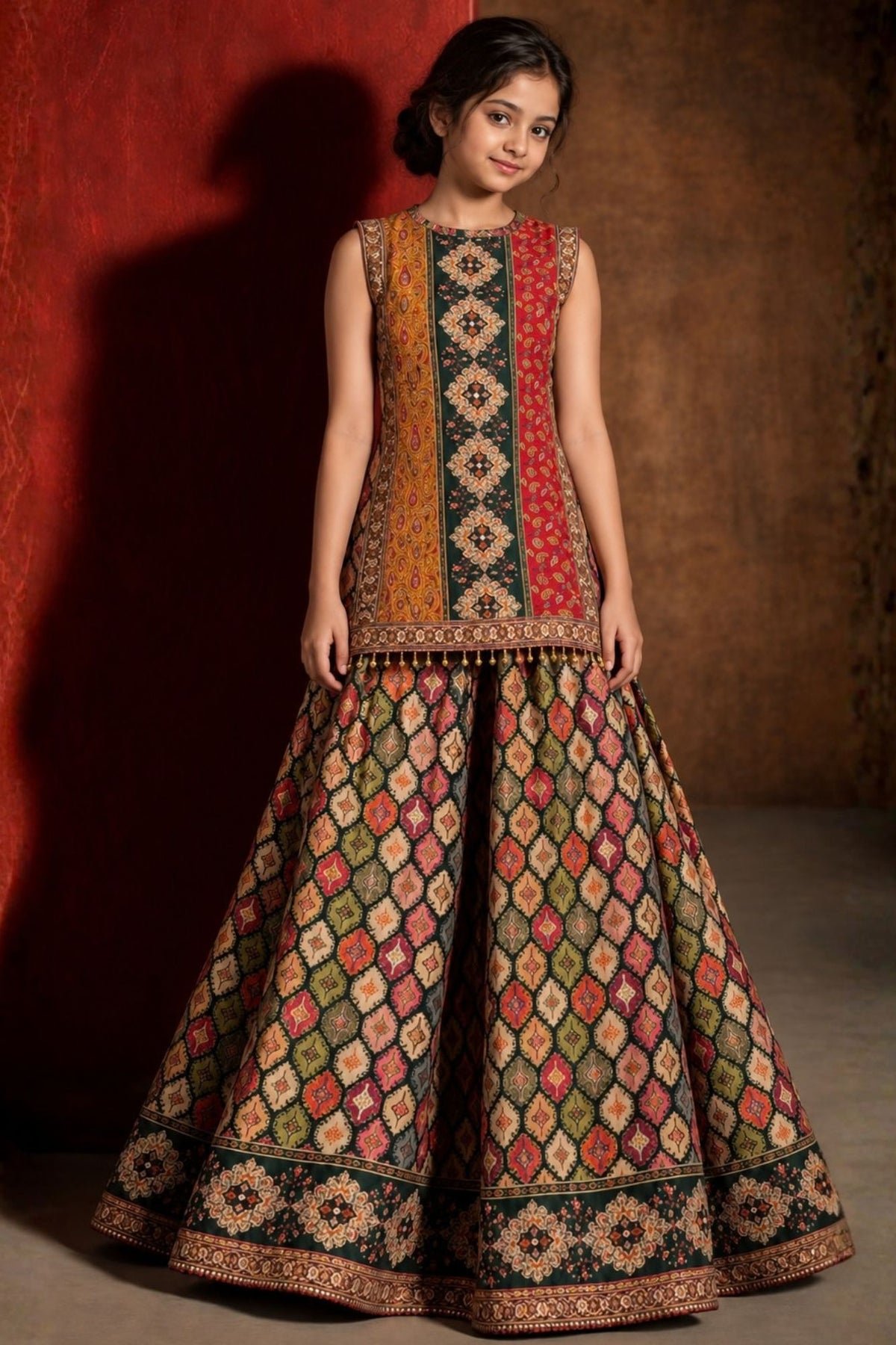 Multicolour Traditional Mirror Embellished Lehenga Choli Set for Girls