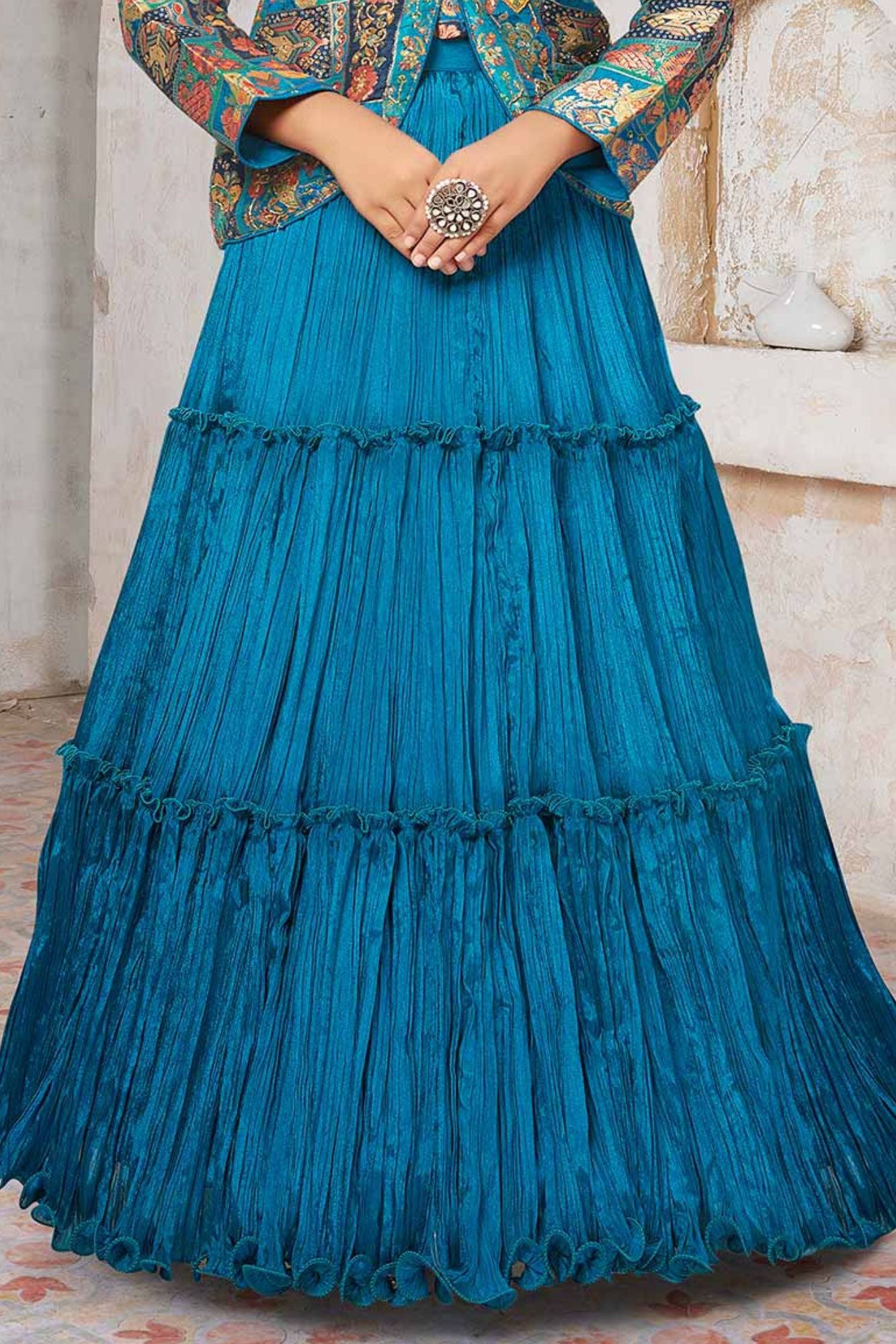 Teal Blue Printed Jacket Style Lehenga Set for Girls