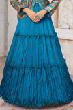 Teal Blue Printed Jacket Style Lehenga Set for Girls
