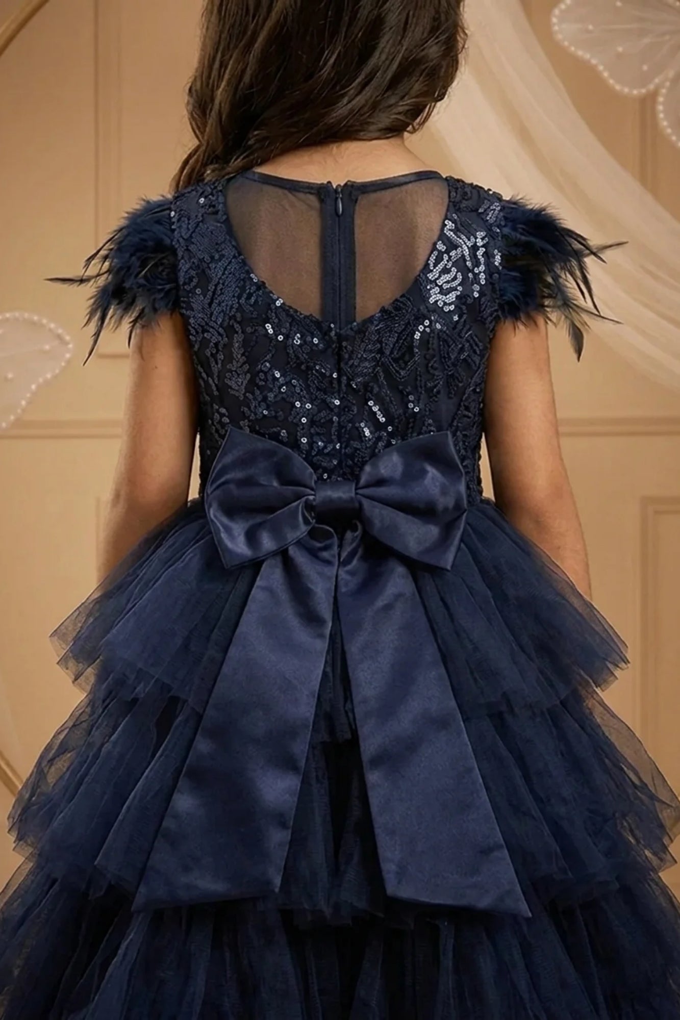 Girls Navy Blue Layered Net Party Frock with Cape Sleeves