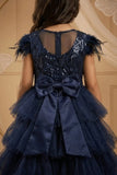 Girls Navy Blue Layered Net Party Frock with Cape Sleeves