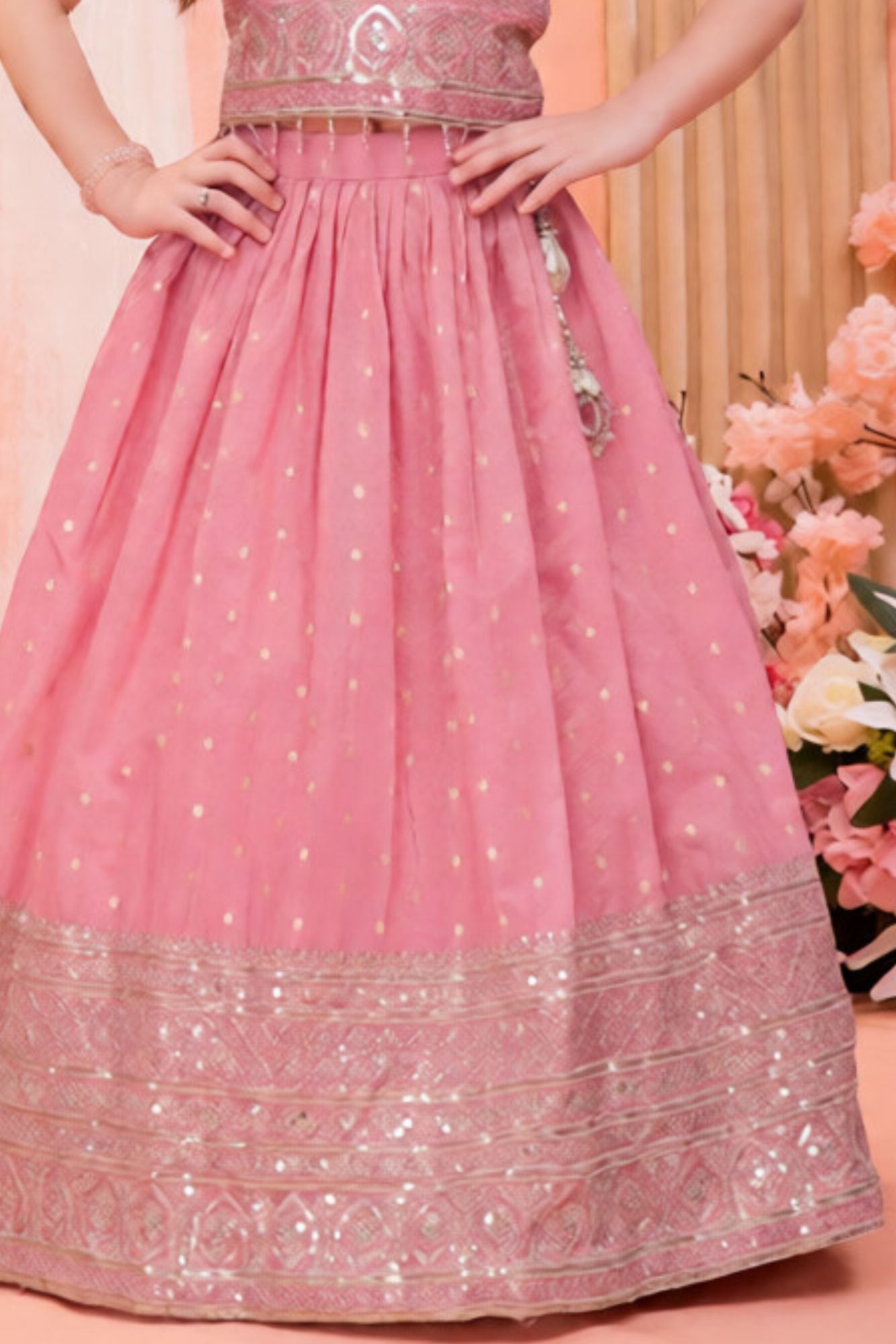 Pink Sequins Embroidered Lehenga Choli Set For Girls