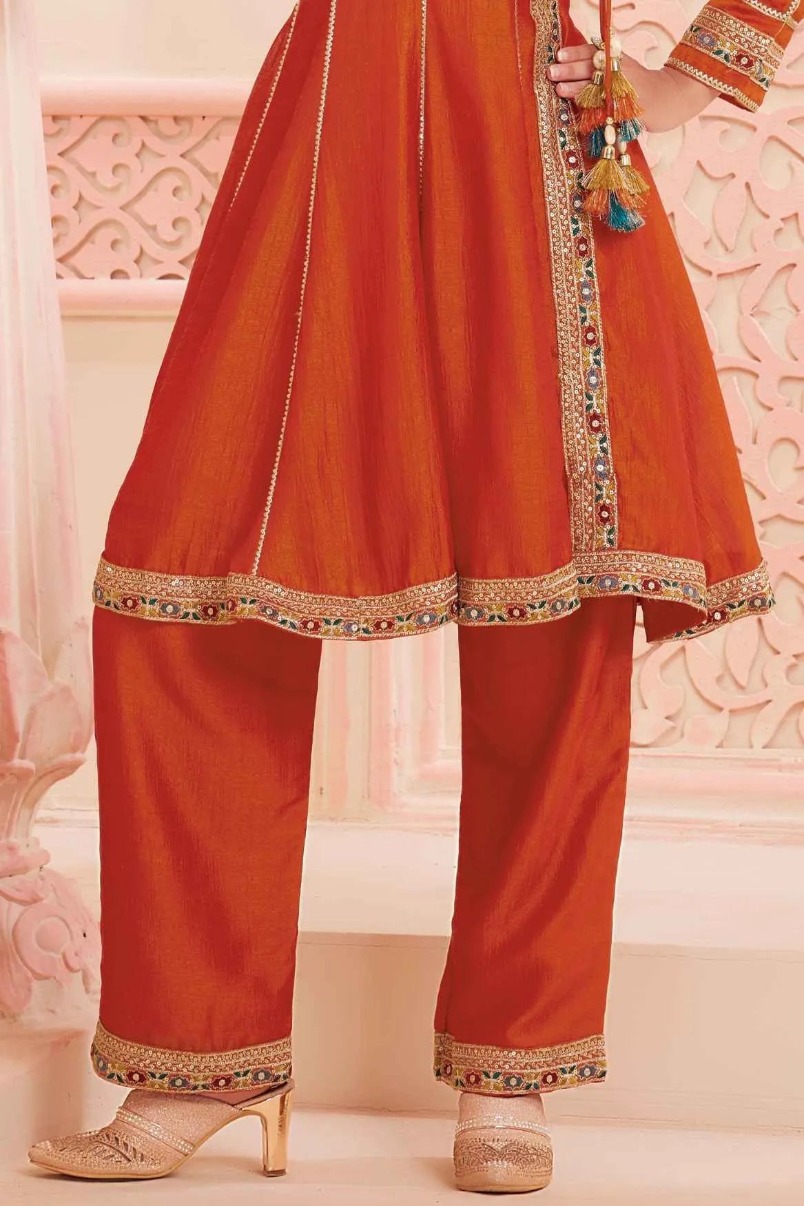 Orange Angrakha Kurti And Straight Pant Set For Girls