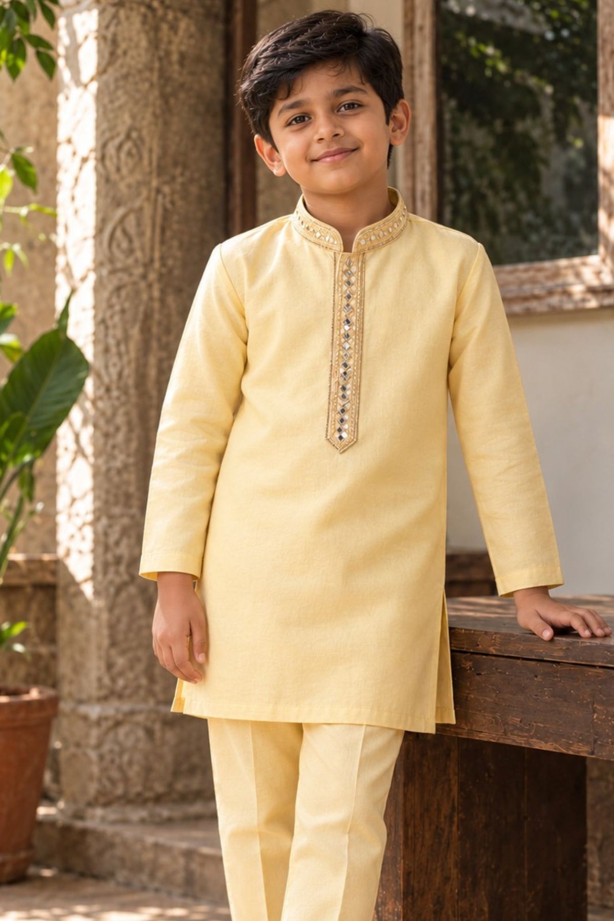 Yellow Embroidered Linen Kurta Set For Boys